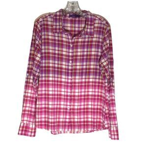 PrAna Britt Ombre Button Front Shirt Pink Orange Plaid Size LARGE